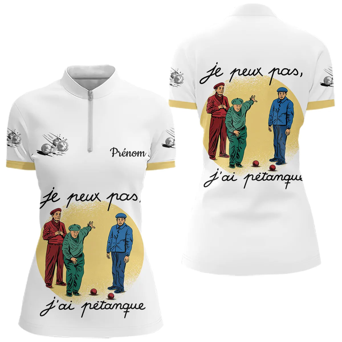 Polo Pétanque Rétro Personnalisable - Blanc Homme Femme - Polo Zippé Femme