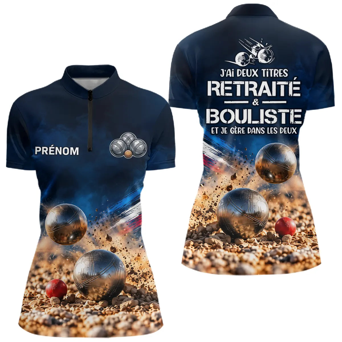 Polo Pétanque Retraité Personnalisé Bleu - J'ai Bouliste - Polo Zippé Femme