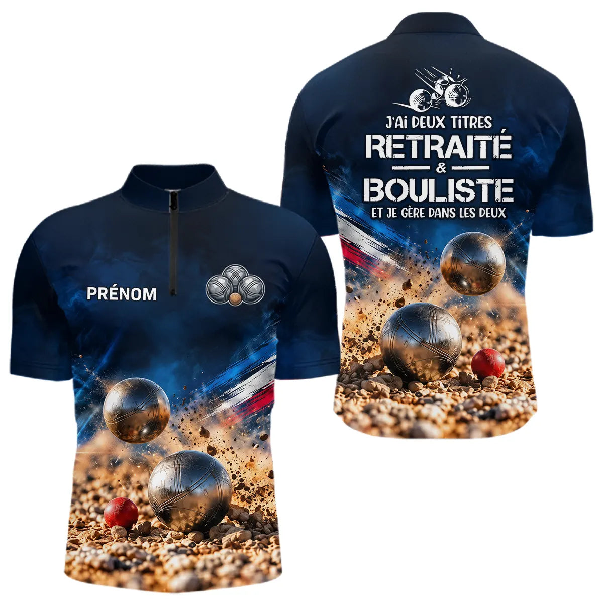 Polo Pétanque Retraité Personnalisé Bleu - J'ai Bouliste - Polo Zippé Homme