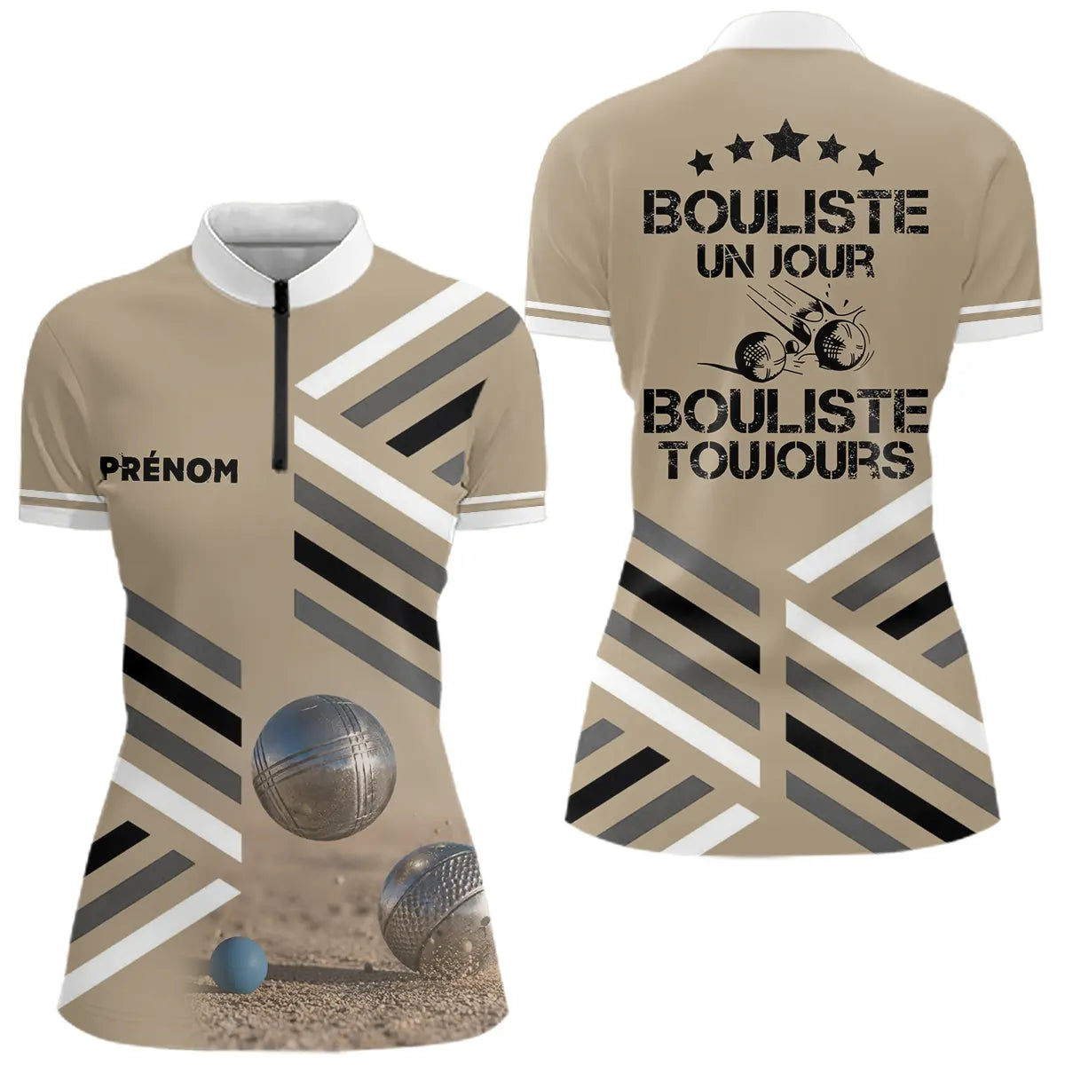 Polo Pétanque Sable Beige Personnalisé - Bouliste Un Jour - Polo Zippé Femme