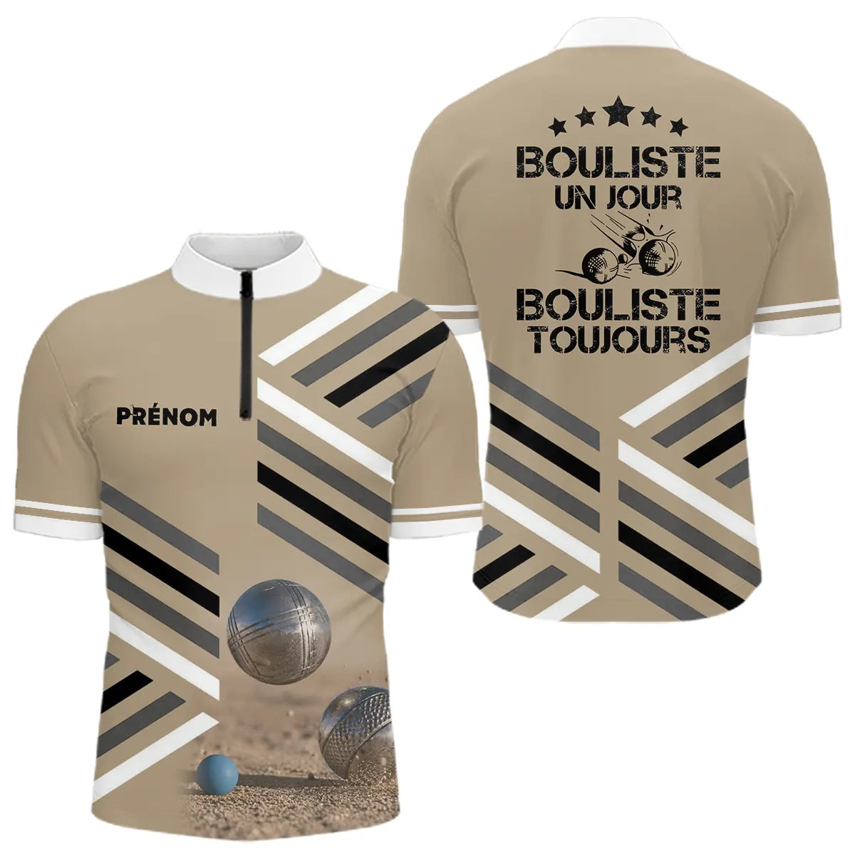 Polo Pétanque Sable Beige Personnalisé - Bouliste Un Jour - Polo Zippé Homme