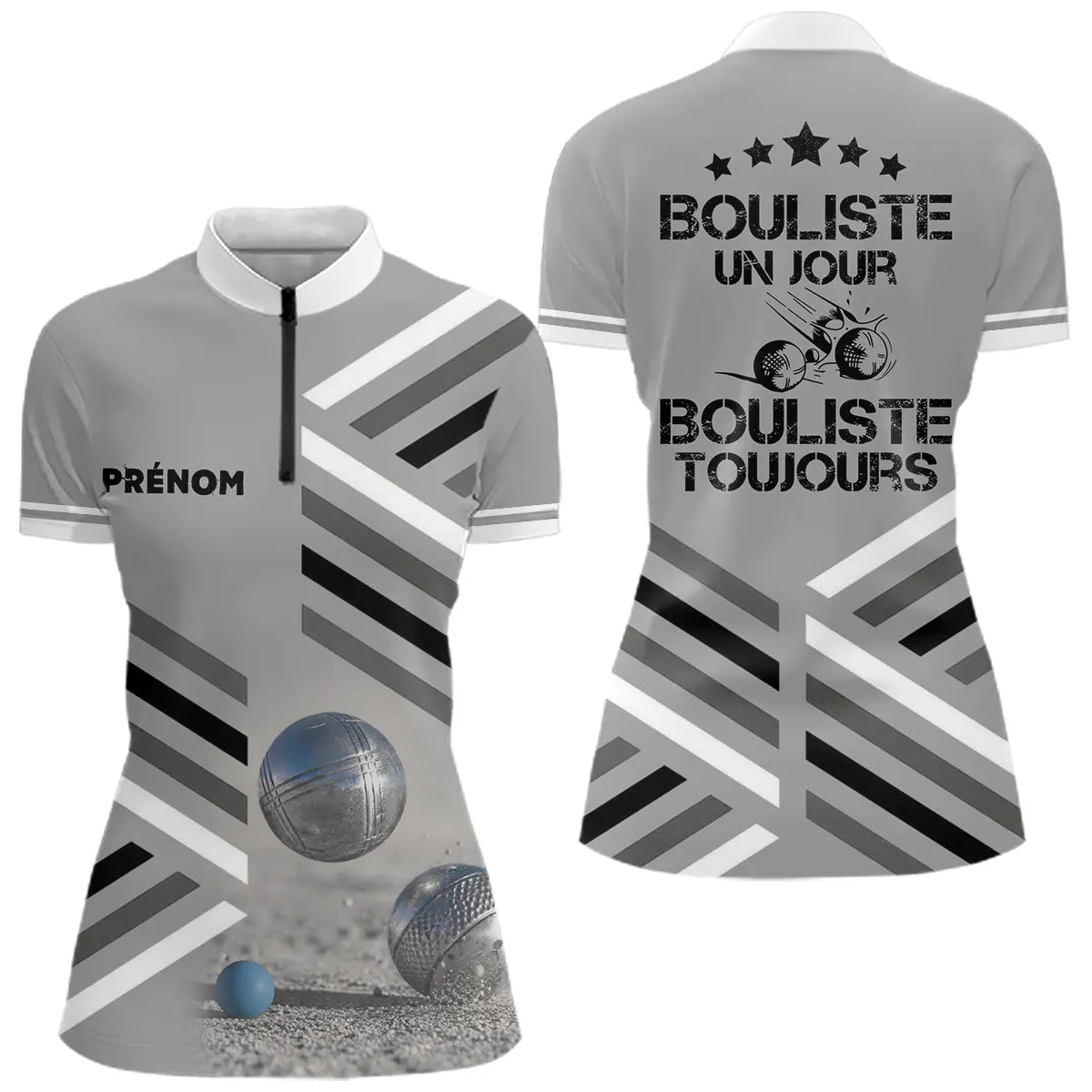 Polo Pétanque Sable Gris Personnalisé - Bouliste Un Jour - Polo Zippé Femme