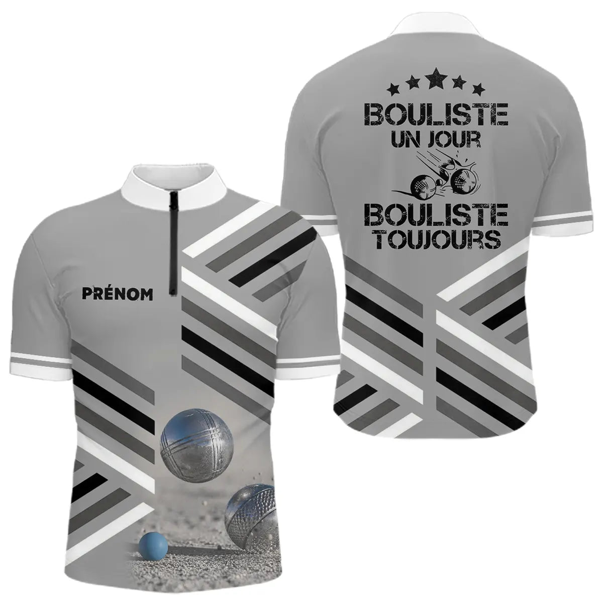 Polo Pétanque Sable Gris Personnalisé - Bouliste Un Jour - Polo Zippé Homme