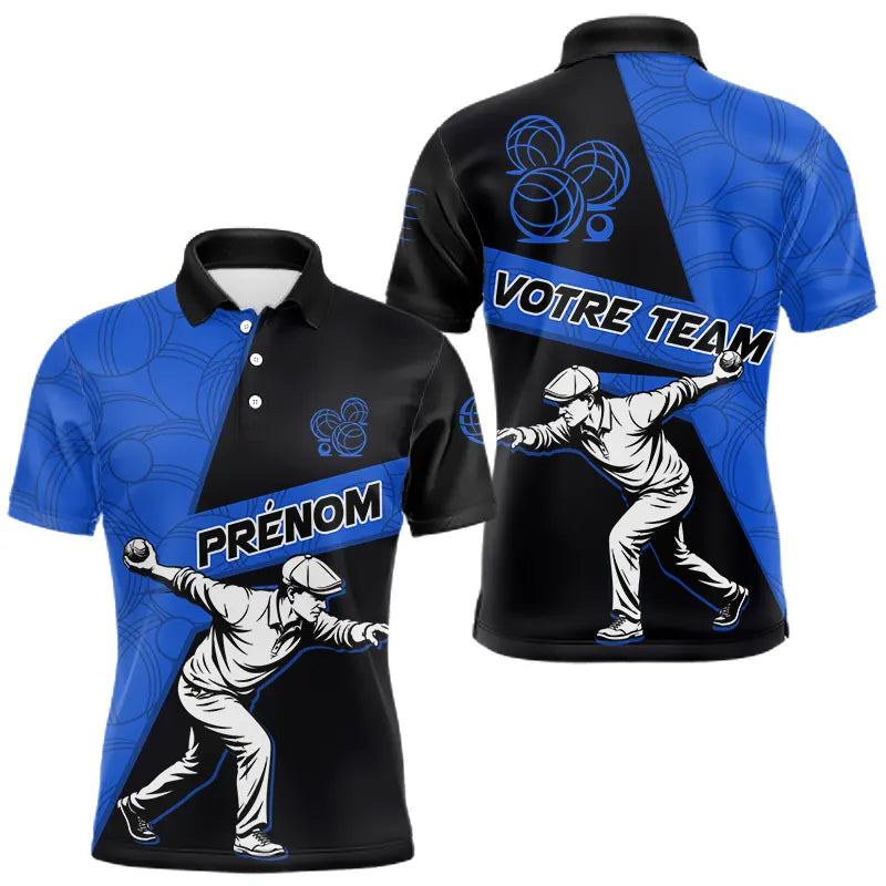 Polo Pétanque Sport Bleu Noir - Joueur Nom & Équipe - Polo Homme