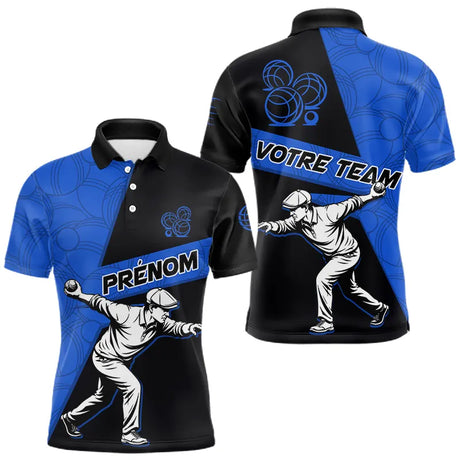 Polo Pétanque Sport Bleu Noir - Joueur Nom & Équipe - Polo Homme
