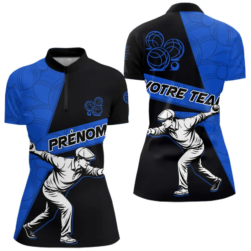 Polo Pétanque Sport Bleu Noir - Joueur Nom & Équipe - Polo Zippé Femme