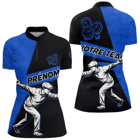 Polo Pétanque Sport Bleu Noir - Joueur Nom & Équipe - Polo Zippé Femme
