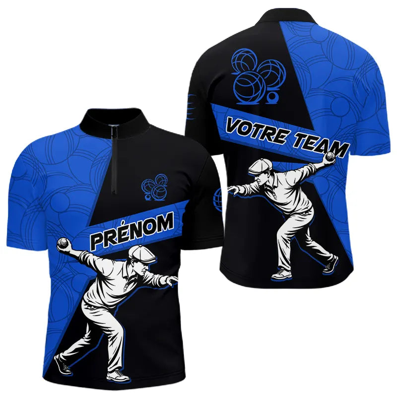 Polo Pétanque Sport Bleu Noir - Joueur Nom & Équipe - Polo Zippé Homme