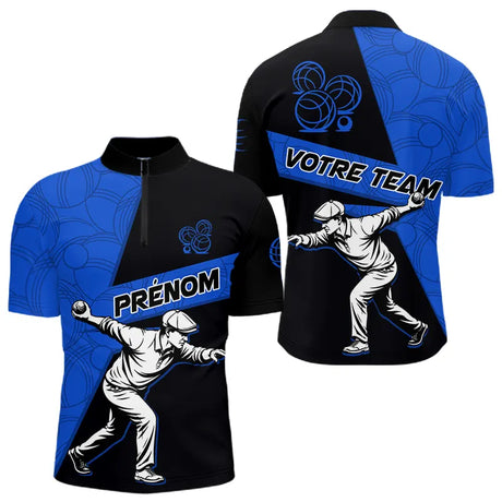 Polo Pétanque Sport Bleu Noir - Joueur Nom & Équipe - Polo Zippé Homme