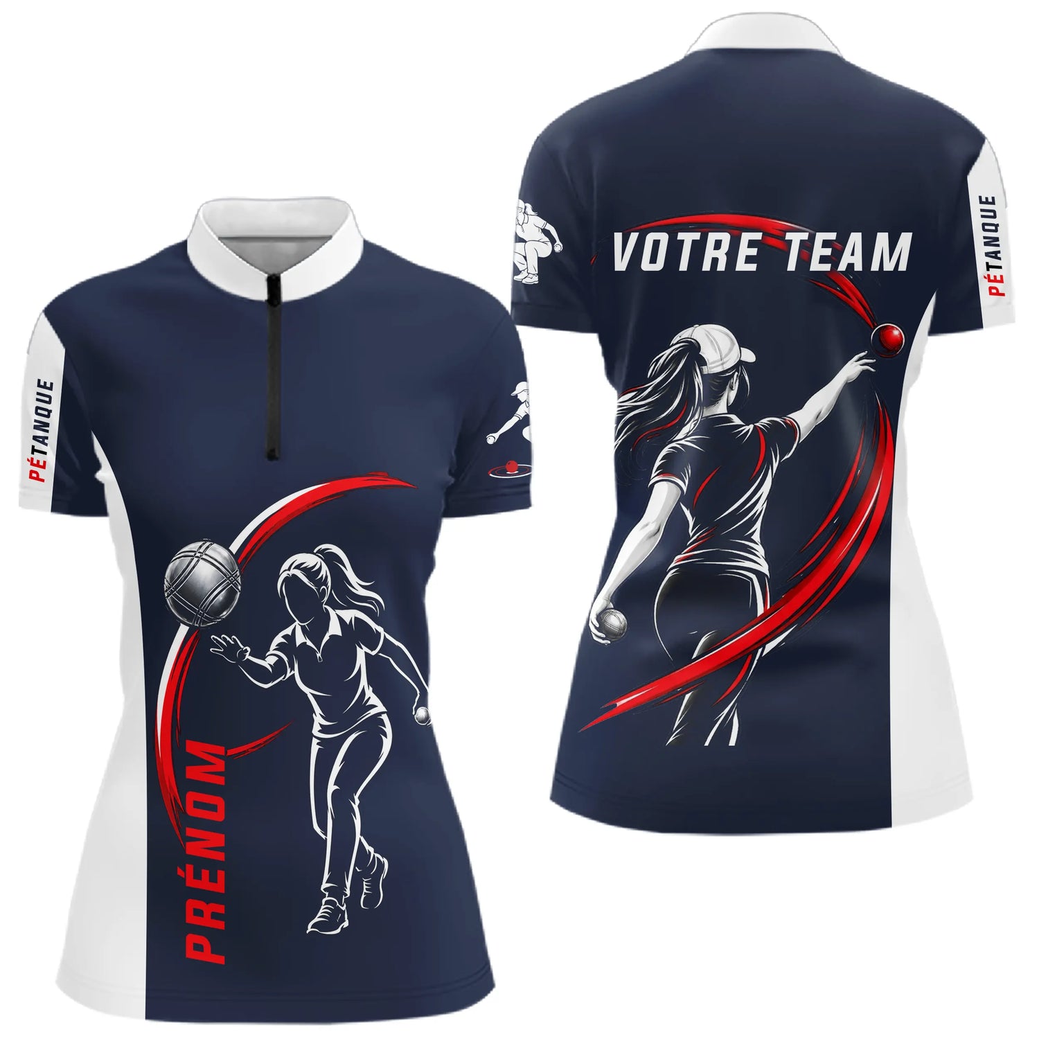 Polo Pétanque Sport Homme Femme - Personnalisé Bleu Rouge - Polo Zippé Femme