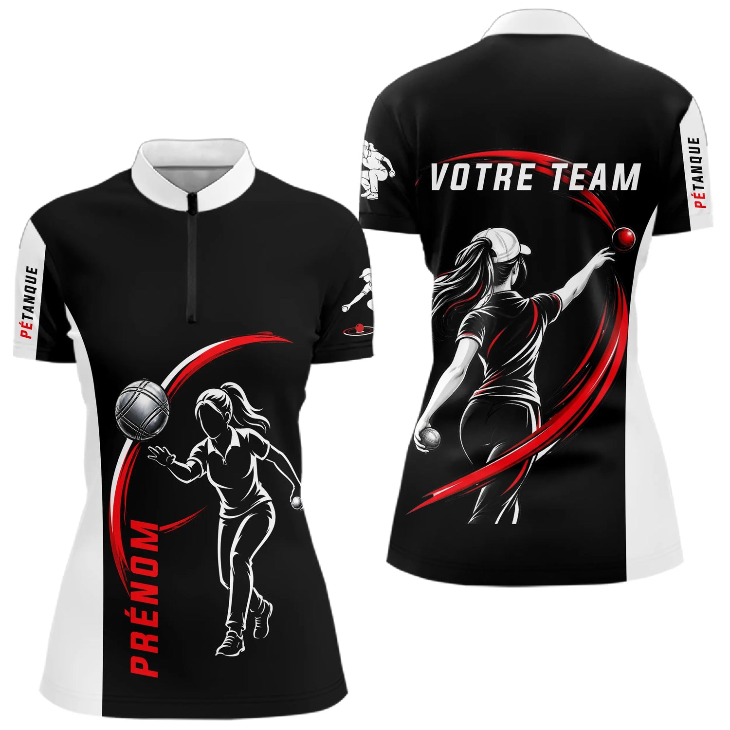 Polo Pétanque Sport Homme Femme - Personnalisé Noir Rouge - Polo Zippé Femme