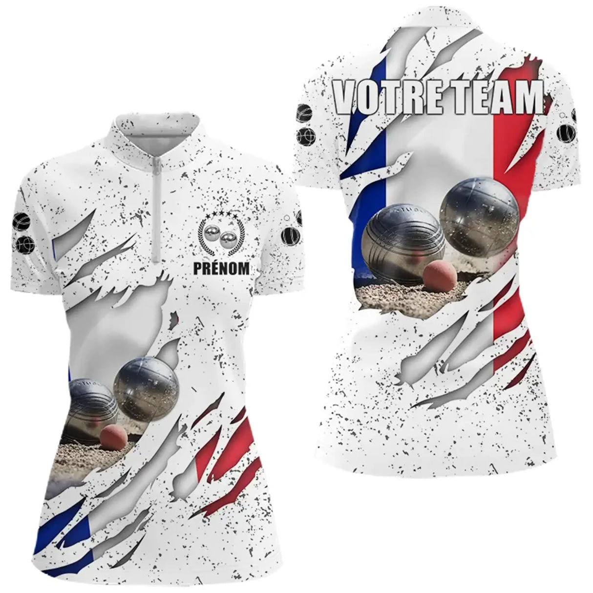 Polo Pétanque Sportif - Blanc Drapeau Français - Polo Zippé Femme