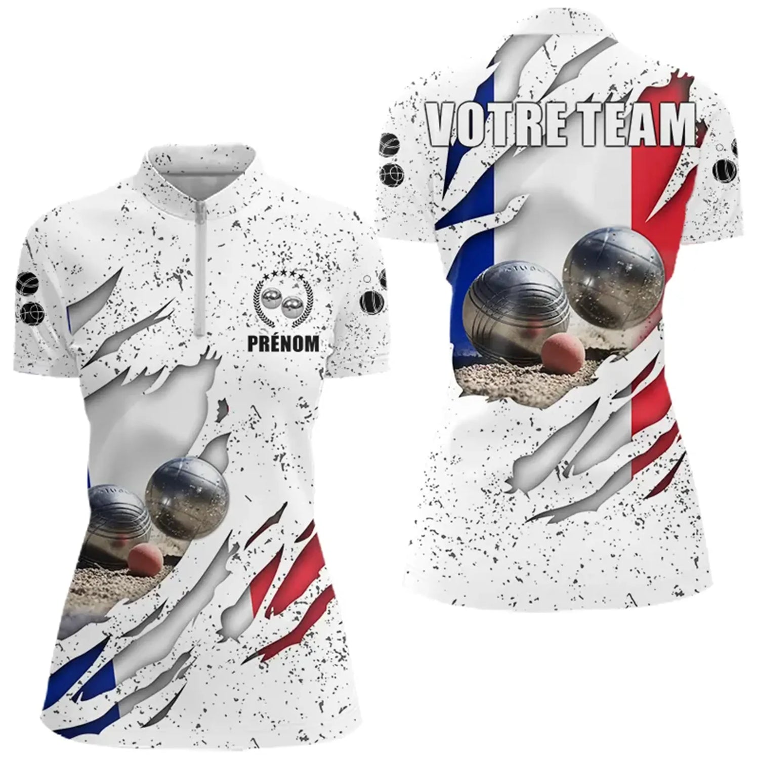 Polo Pétanque Sportif - Blanc Drapeau Français - Polo Zippé Femme