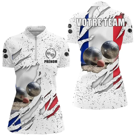Polo Pétanque Sportif - Blanc Drapeau Français - Polo Zippé Femme