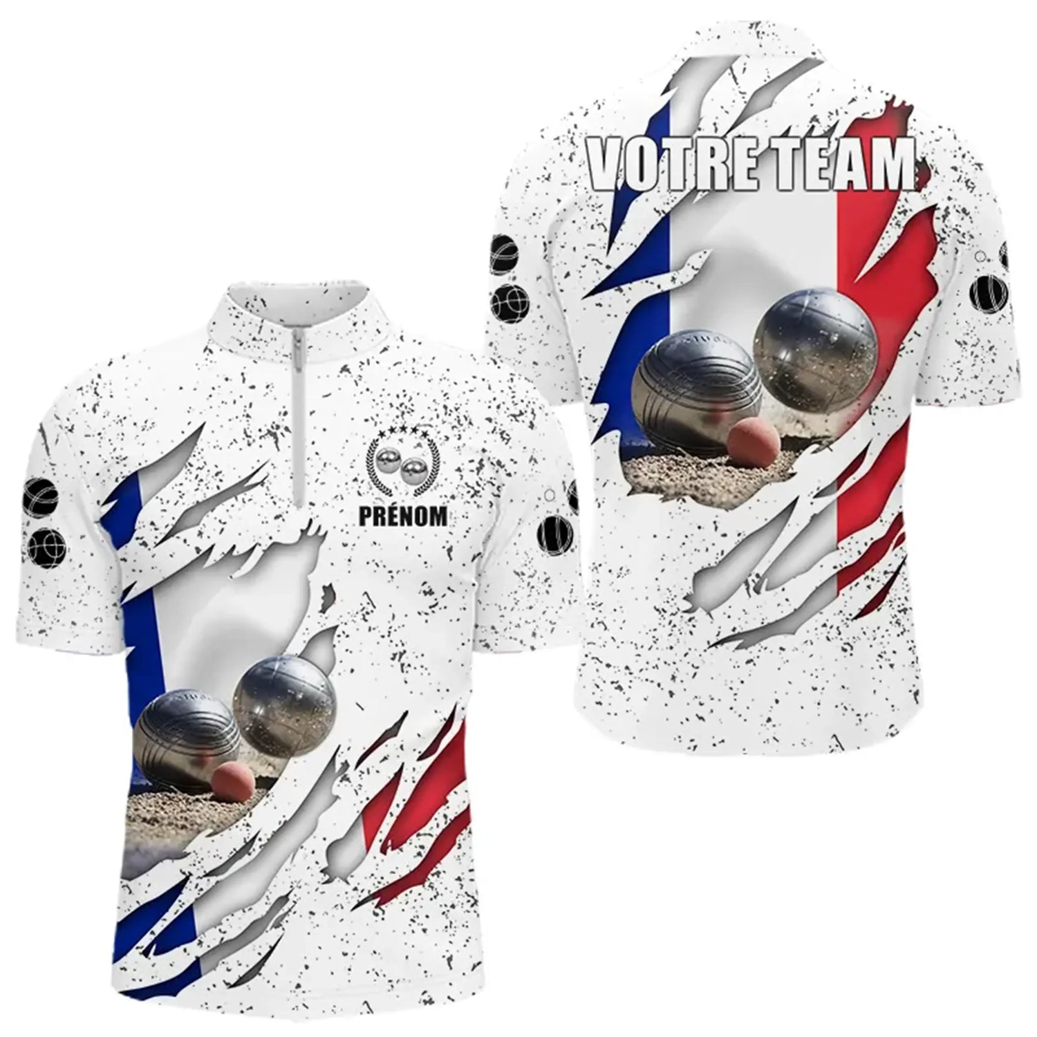 Polo Pétanque Sportif - Blanc Drapeau Français - Polo Zippé Homme