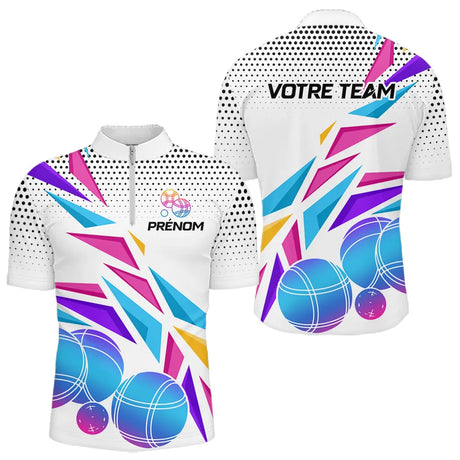 Polo Pétanque Sportif Personnalisé - Blanc & Violet Flash - Polo Zippé Homme