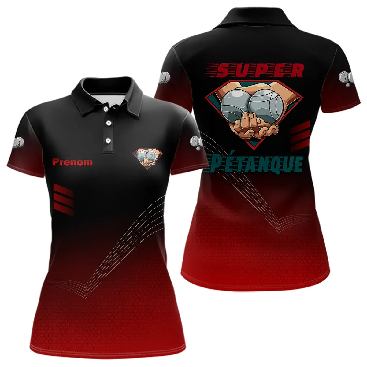 Polo Pétanque Super Joueur - Personnalisé Noir & Rouge - Polo Femme