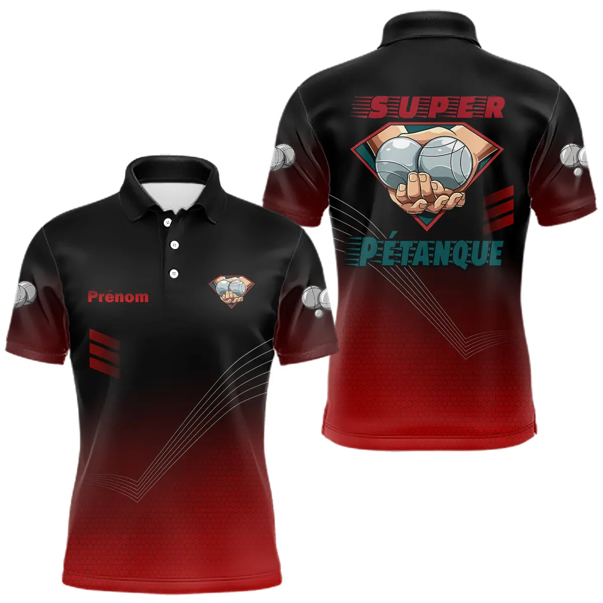 Polo Pétanque Super Joueur - Personnalisé Noir & Rouge - Polo Homme
