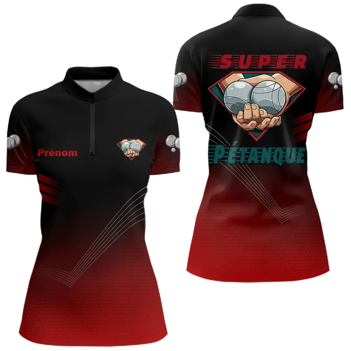 Polo Pétanque Super Joueur - Personnalisé Noir & Rouge - Polo Zippé Femme