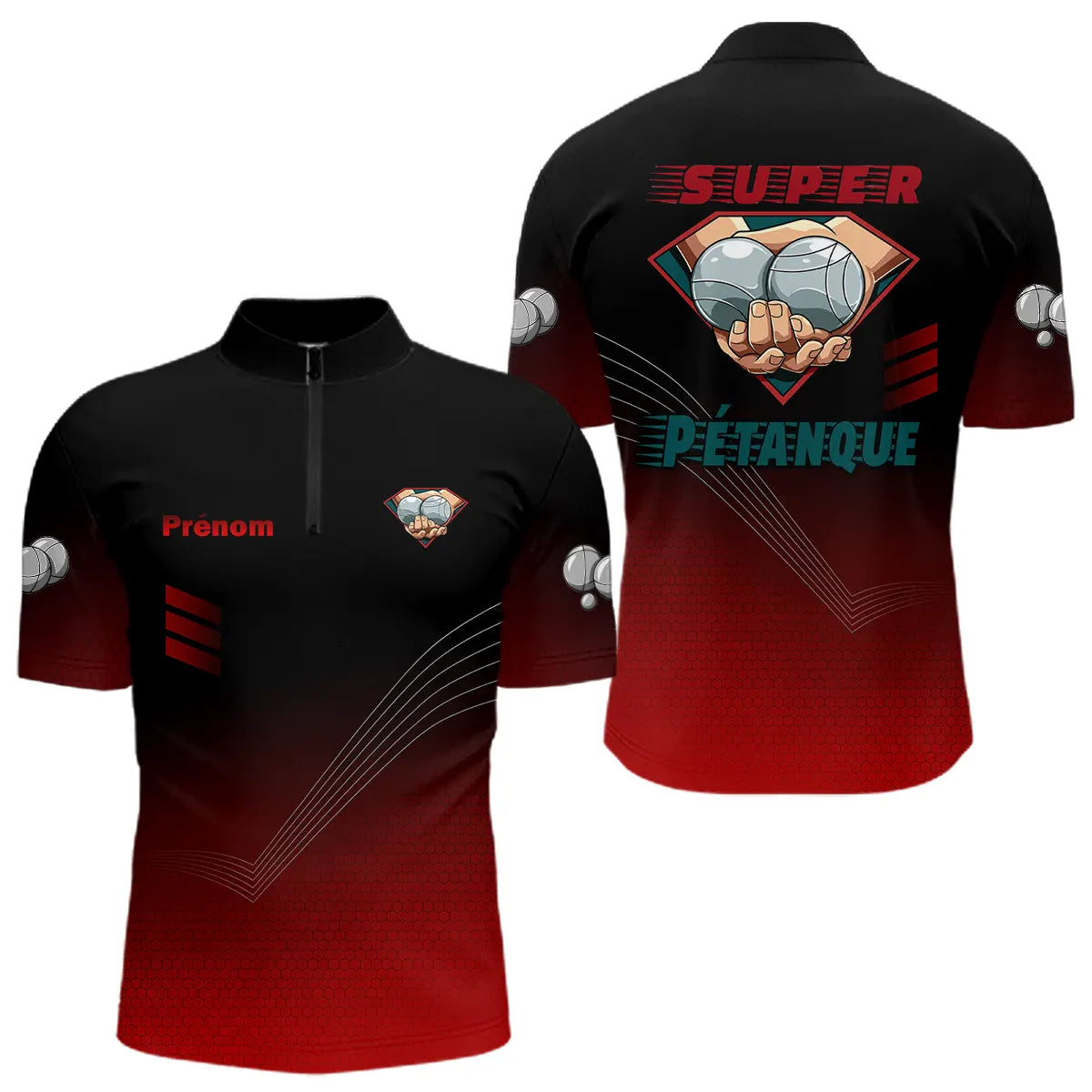 Polo Pétanque Super Joueur - Personnalisé Noir & Rouge - Polo Zippé Homme