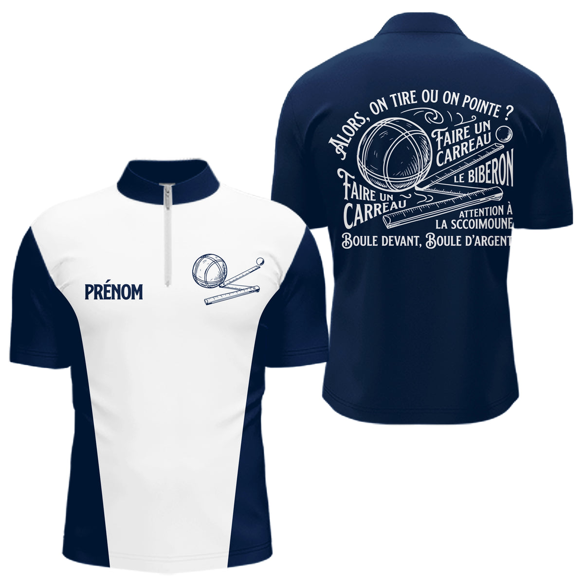 Polo Pétanque "Tire ou Pointe" Bleu & Blanc - Cadeau Bounlistes - Polo Zippé Homme