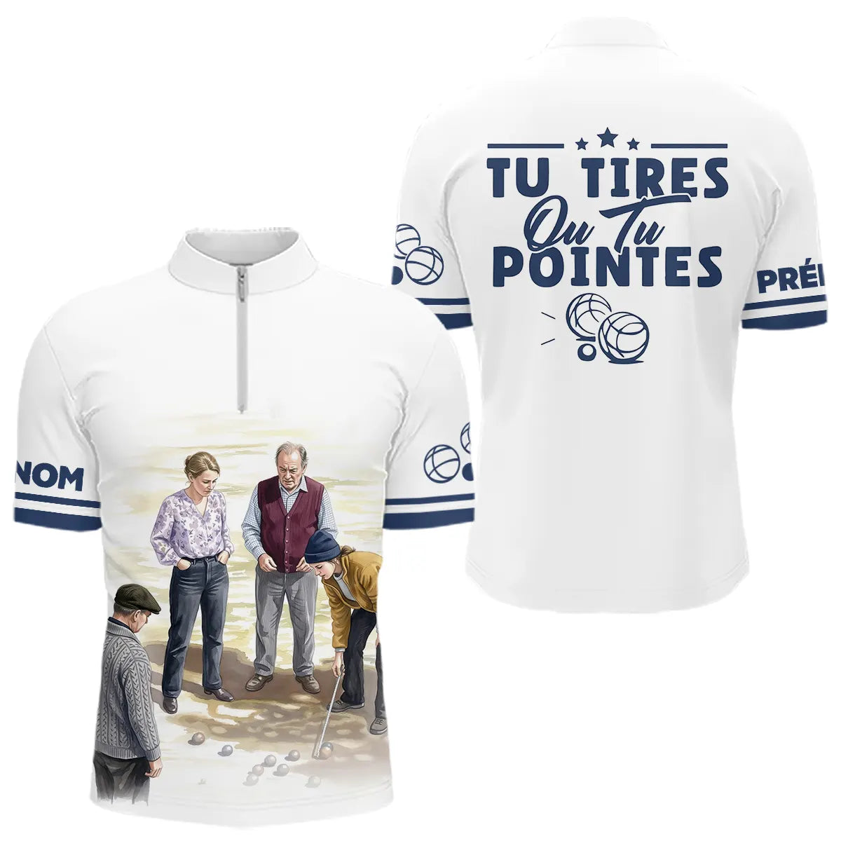Polo Pétanque Tu Tires Blanc  - Le Cadeau Idéal - Polo Zippé Homme