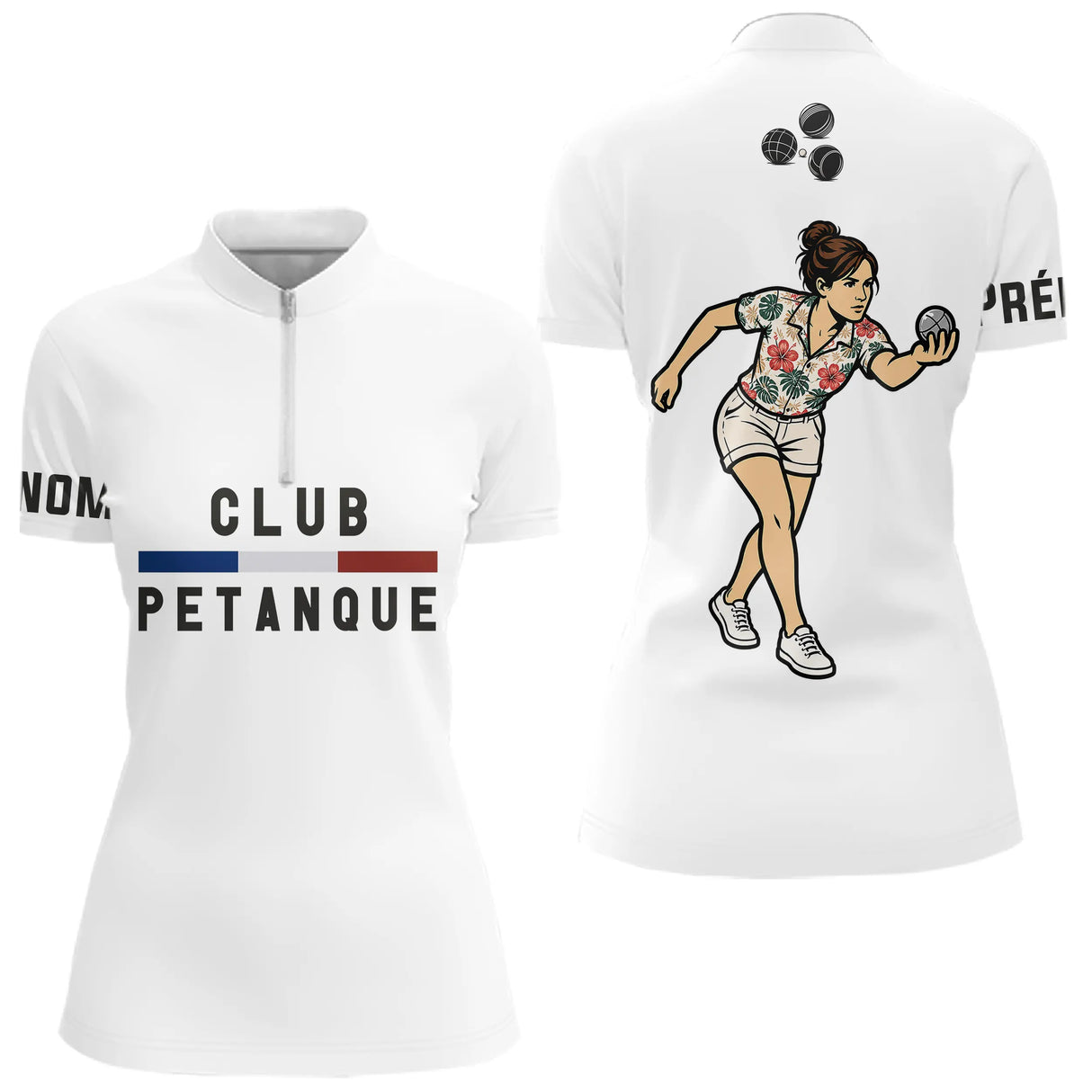 Polo Pétanque Vacances Boules - Hawaïen Blanc Personnalisé - Polo Zippé Femme