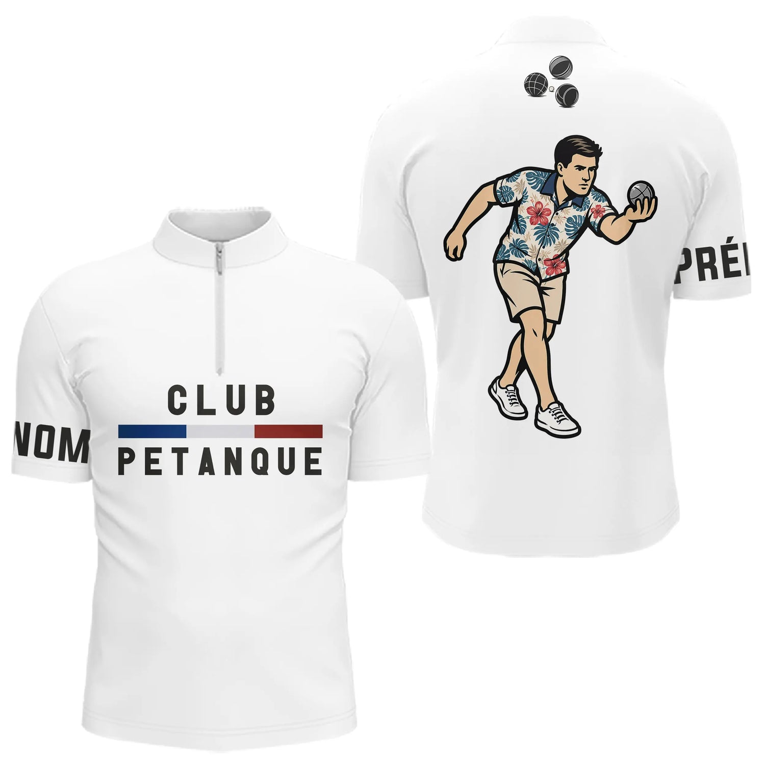 Polo Pétanque Vacances Boules - Hawaïen Blanc Personnalisé - Polo Zippé Homme
