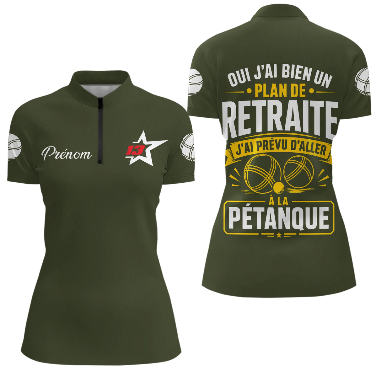 Polo Pétanque Vert Olive - L’Heure Retraite Personnalisé - Polo Zippé Femme