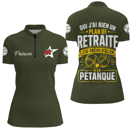 Polo Pétanque Vert Olive - L’Heure Retraite Personnalisé - Polo Zippé Femme