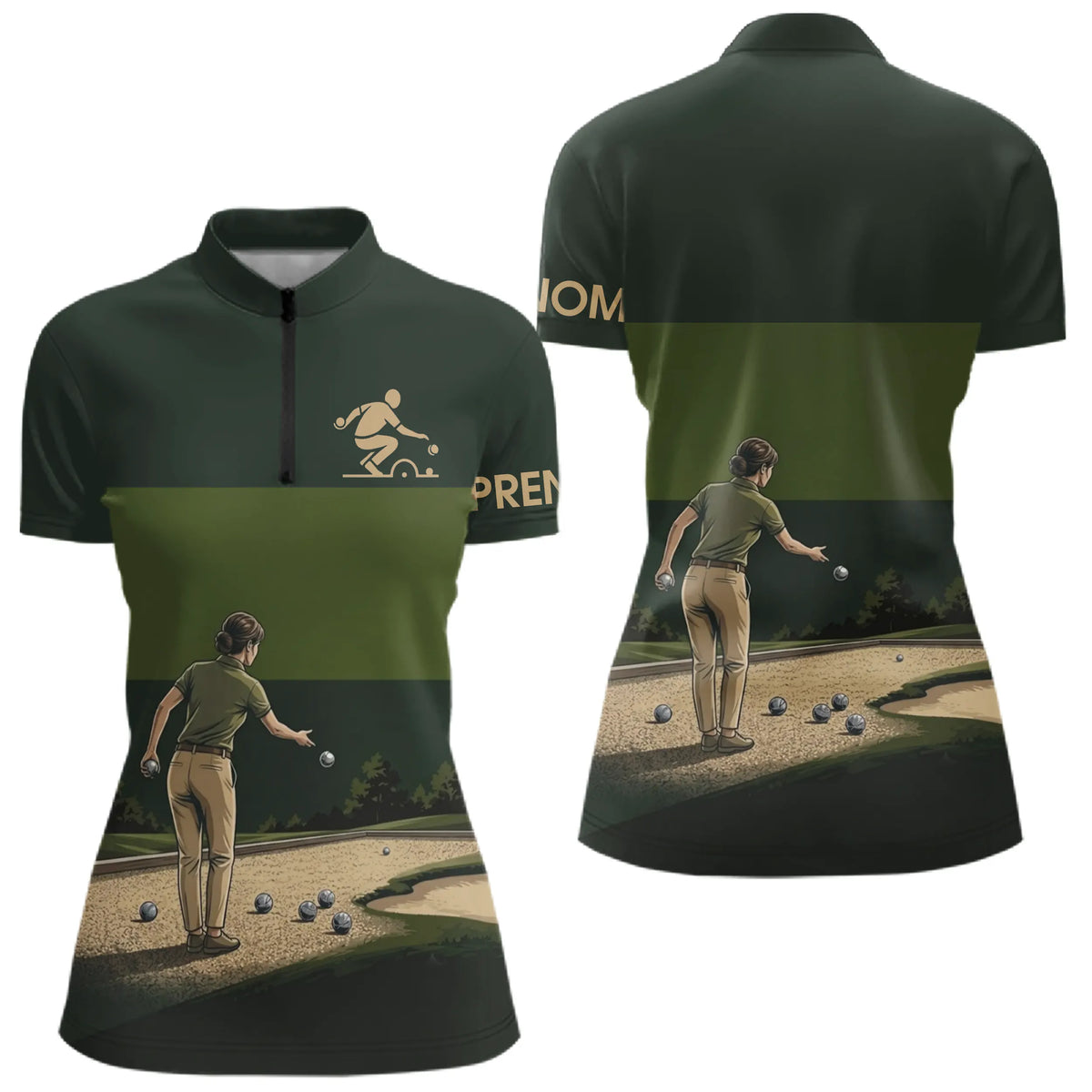 Polo Pétanque Vert Olive Personnalisé Joueur - Homme Femme - Polo Zippé Femme