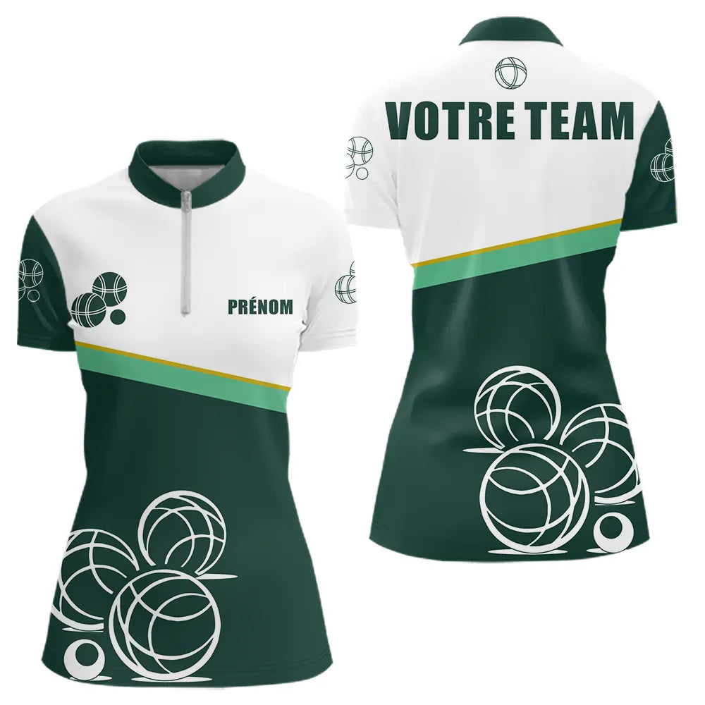 Polo Pétanque Vert Sapin Blanc – Boules Personnalisé - Polo Zippé Femme