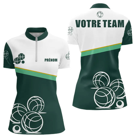 Polo Pétanque Vert Sapin Blanc – Boules Personnalisé - Polo Zippé Femme
