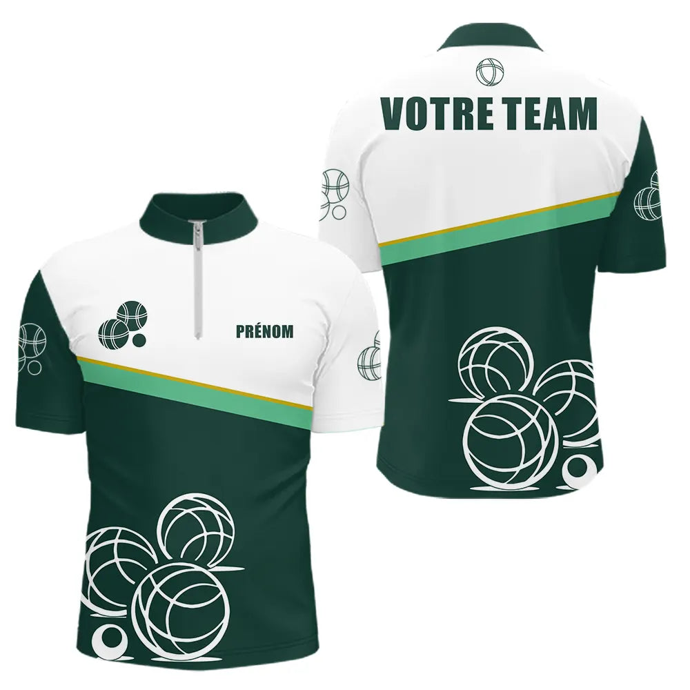 Polo Pétanque Vert Sapin Blanc – Boules Personnalisé - Polo Zippé Homme