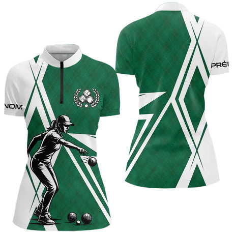 Polo Pétanque Vert et Blanc Personnalisé - Homme Femme Joueur - Polo Zippé Femme