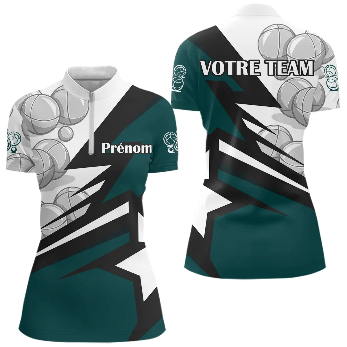 Polo Pétanque Vert Émeraude - Motif Boules Équipe - Polo Zippé Femme