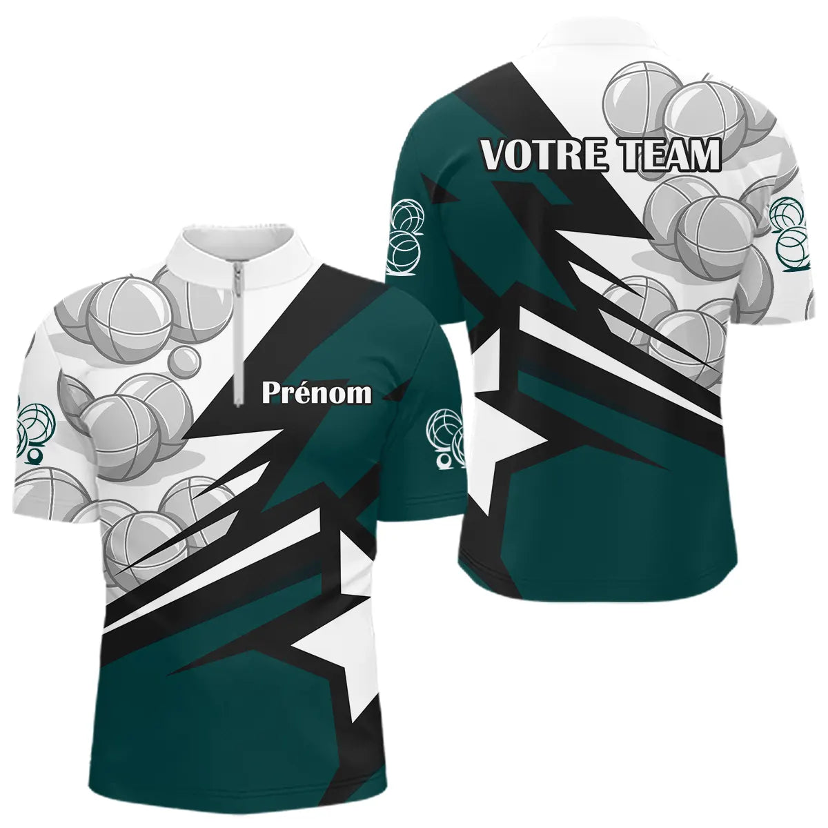Polo Pétanque Vert Émeraude - Motif Boules Équipe - Polo Zippé Homme