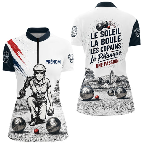 Polo Pétanque White Personnalisé - Vintage Passion Bouliste - Polo Zippé Femme