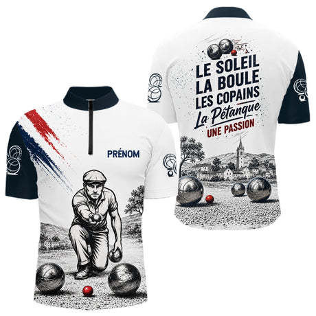 Polo Pétanque White Personnalisé - Vintage Passion Bouliste - Polo Zippé Homme