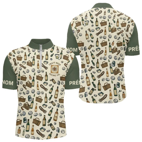 Polo Pétanque et Apéro Personnalisé - Olive et Beige - Polo Zippé Homme