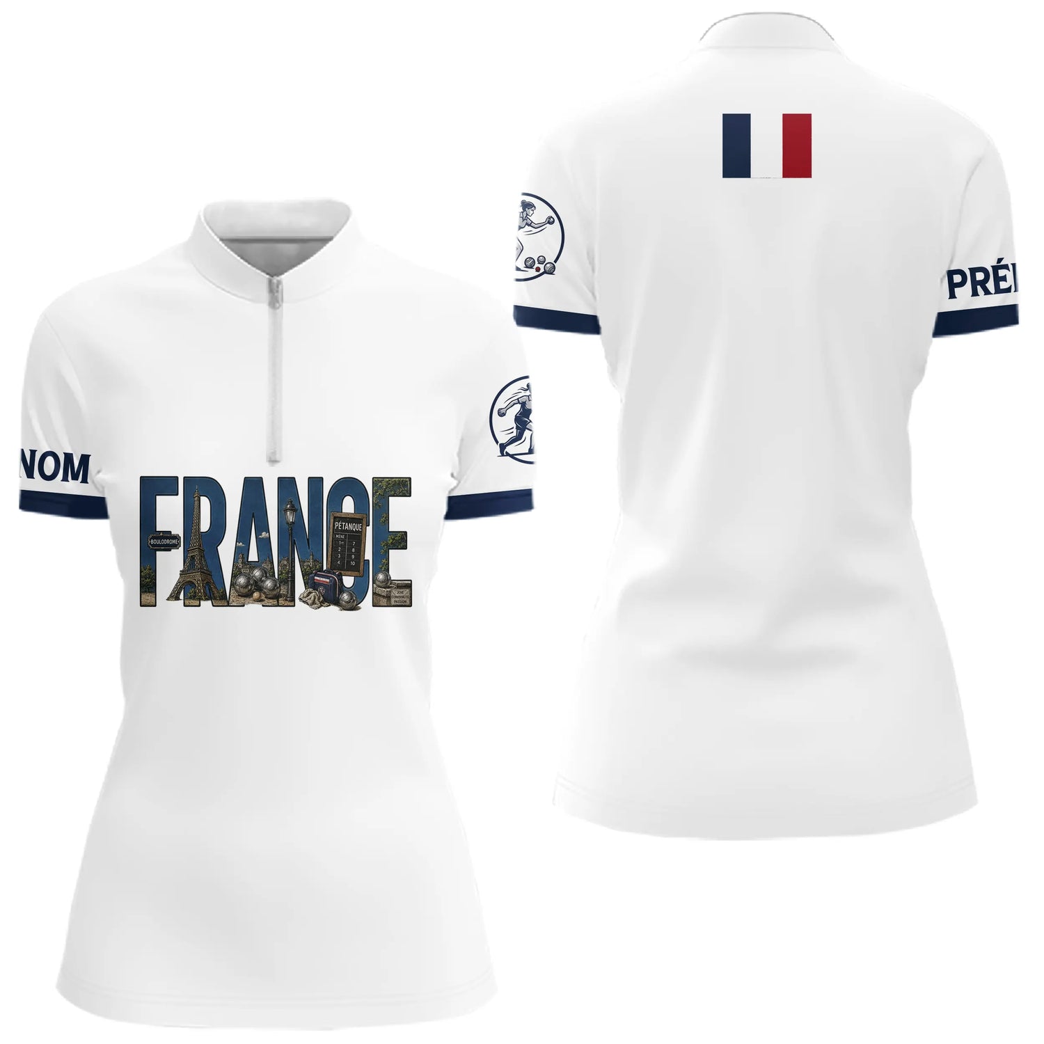 Polo Pétanque Élégant France - Blanc Bleu Personnalisé - Polo Zippé Femme