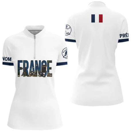 Polo Pétanque Élégant France - Blanc Bleu Personnalisé - Polo Zippé Femme