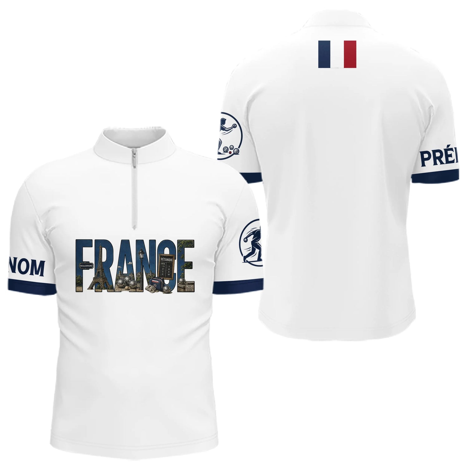 Polo Pétanque Élégant France - Blanc Bleu Personnalisé - Polo Zippé Homme