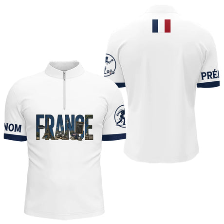 Polo Pétanque Élégant France - Blanc Bleu Personnalisé - Polo Zippé Homme