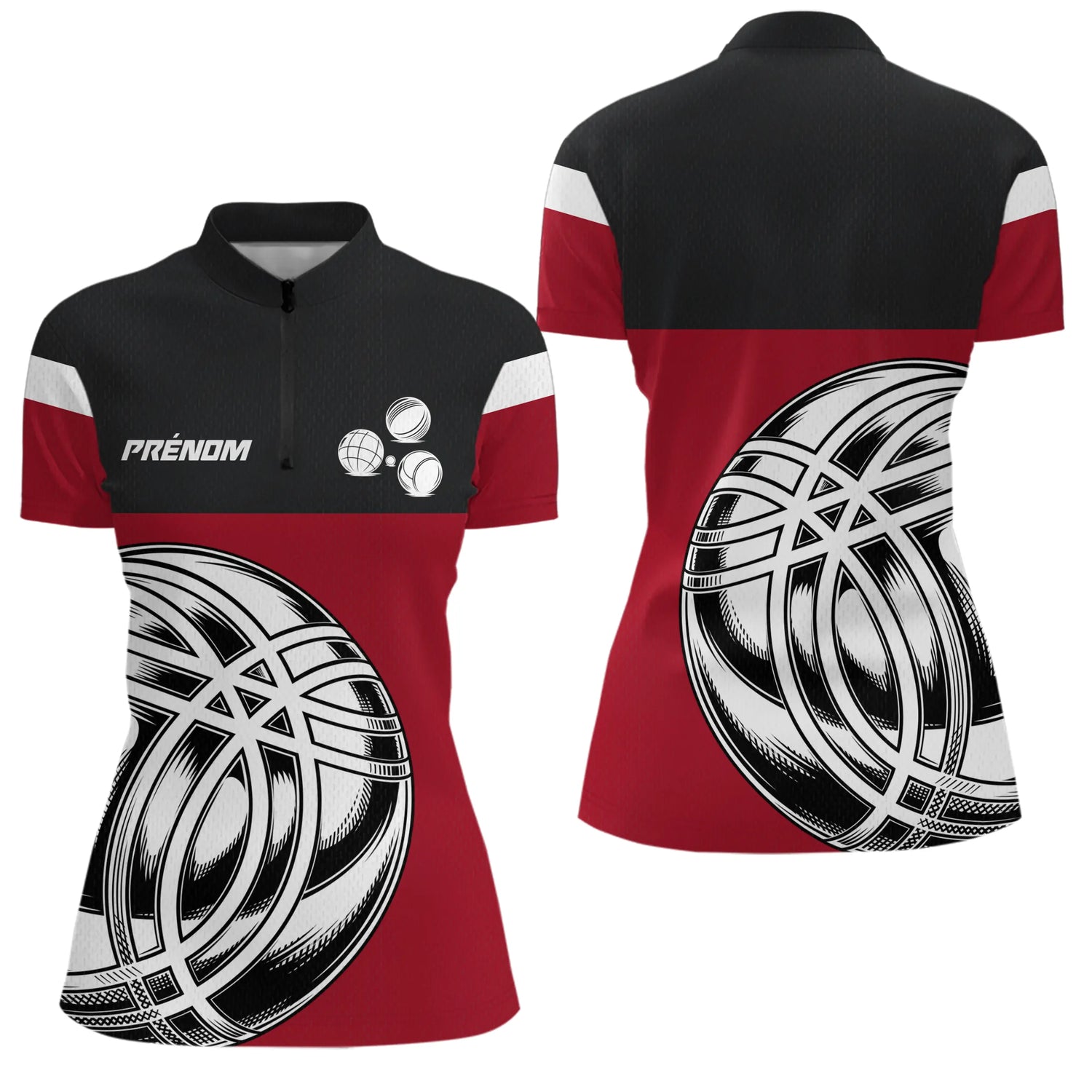Polo Pétanque Élégant Rouge - Motif Boules Homme Femme - Polo Zippé Femme