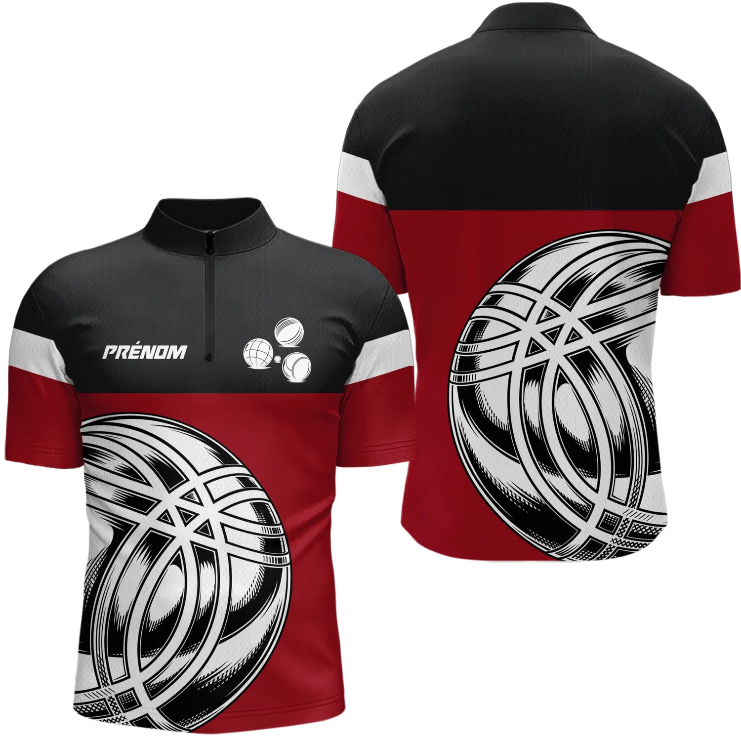 Polo Pétanque Élégant Rouge - Motif Boules Homme Femme - Polo Zippé Homme