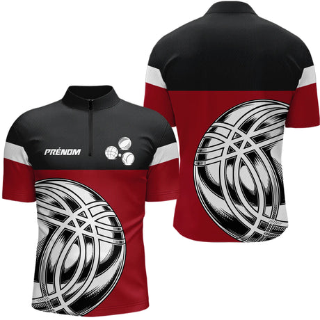 Polo Pétanque Élégant Rouge - Motif Boules Homme Femme - Polo Zippé Homme