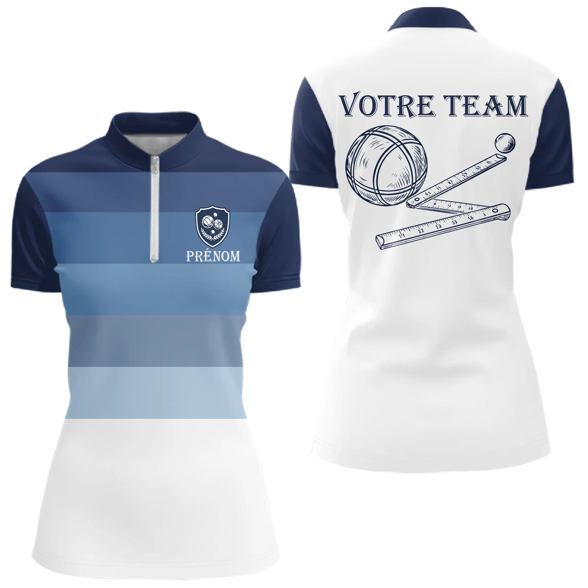 Polo Pétanque Équipe Nom - Bleu et Blanc Personnalisé - Polo Zippé Femme