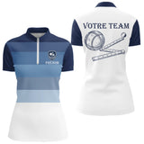 Polo Pétanque Équipe Nom - Bleu et Blanc Personnalisé - Polo Zippé Femme