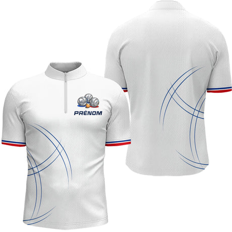 Polo Pétanque Équipe Personnalisé - Style Français Blanc - Polo Zippé Homme